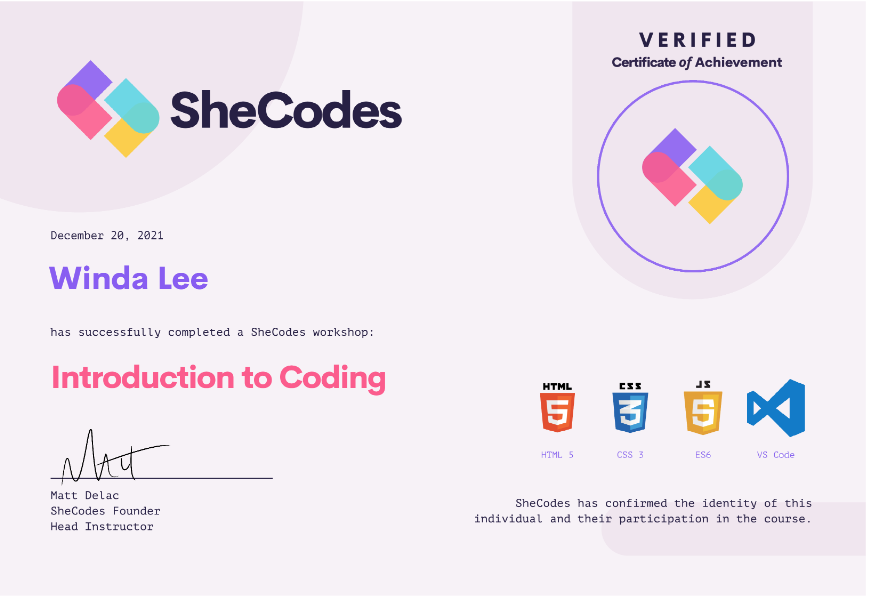 SheCodes Basic Certificate