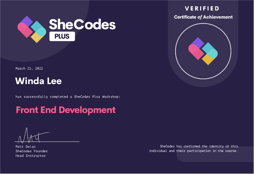 SheCodes Plus Certificate